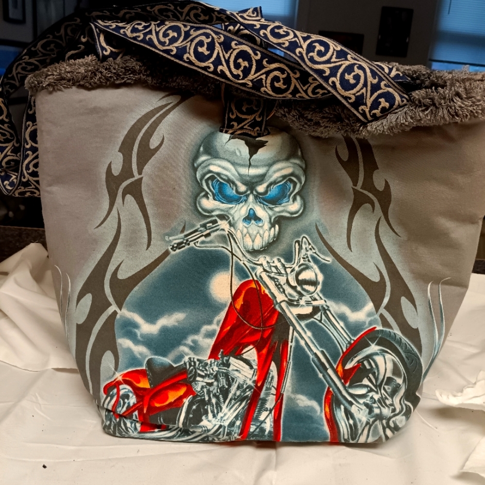 Bag with chopper motorcycle and skull